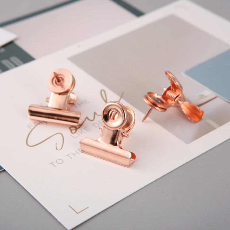 MOGII 9pcs/Box Office School Accessories Rose Gold Metal Bulldog Clip Multifunction Push Pins Stylish Thumb Tacks for Cork Board |