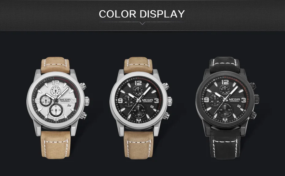 MEGIR Chronograph Mens Watches Top Brand Luxury Casual Leather Quartz Clock Male Sport Waterproof Watch Men Relogio Masculino
