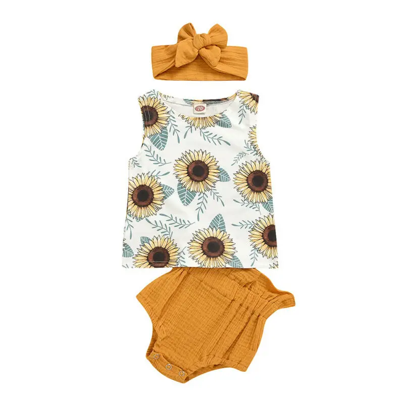 

0-24M Summer Newborn Toddler Baby Girl Clothes Vest Top Shorts PP Pants Sunflower Print Summer 3Pc Outfit with Headband