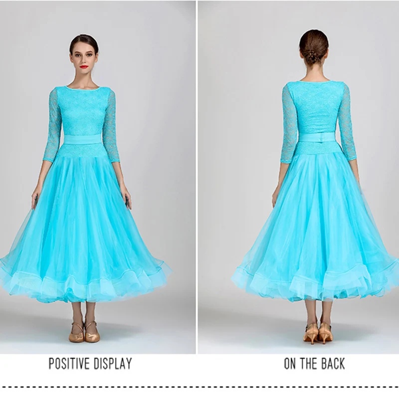 Lake blue Ballroom Competition Dance Dress Women lace Sleeves Tango Waltz Standard Dress Modern dance Costumes