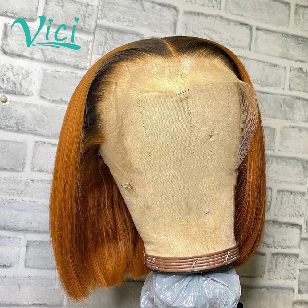 

Ginger Colored Short Bob Human Hair Wigs Black With Brown Highlight Wig 4x4 Lace Closure Wig For Black Women 13x1 150 Remy Hair