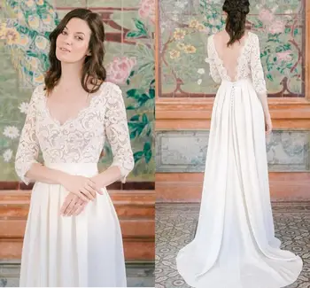 

Bohemian Wedding Dress 2020 A Line Simple Lace Half Sleeve V-Neck Court Train Custom Made Size robe de mariage Bridal Gowns