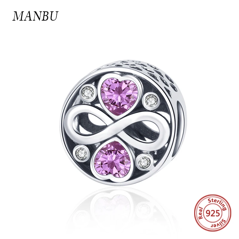 

Authentic 925 Sterling Silver Infinity Love Pink Heart Crystal Beads Fit Pandora Charm Bracelets Women's Fashion Jewelry Gift