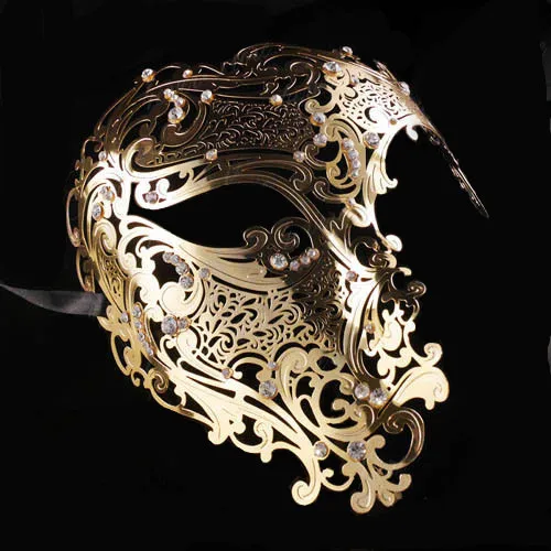 Черная золотая металлическая маска с черепом, стразы на Хэллоуин, венецианская Маскарадная маска на половину лица для мужчин и женщин, филигранные Вечерние Маски с черепом