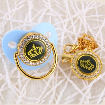 

Bling Bling Crystal Rhinestone Blue Color Crown Pacifier And Chain Set 0-18 Months Baby Dummy BPA Free