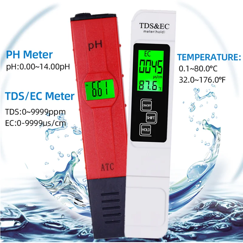 TDS, EC et compteur de température. 3 en 1. Compteur TDS de qualité  professionnelle : 0-9990 ppm. Testeur d'eau précis et fiable. Idéal pour  l'eau potable, les aquariums. Avec étui en cuir 