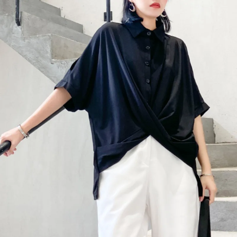 

XUXI Shirt Women's Summer Big Size Short Sleeve Women's Design Sense Light Loose Vintage shirt Women Hem Cross Tops FZ1939