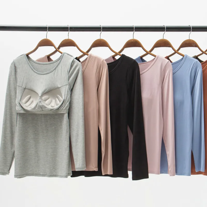 Long-Sleeved Sleep Tops Modal Women Bra Cup One-Piece Pajamas Underwear M-3XL