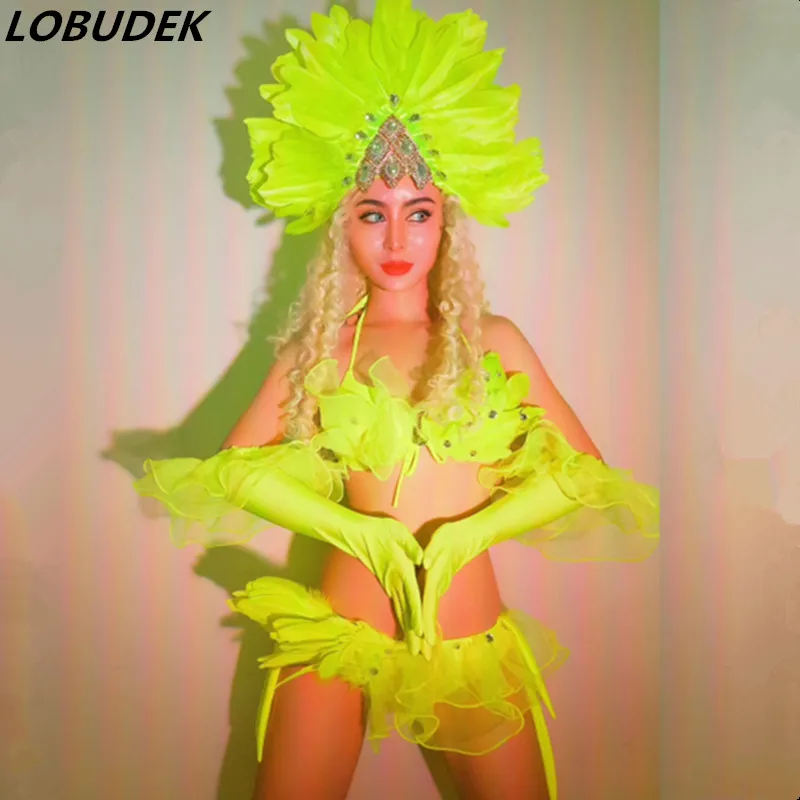 

Fluorescent Green Feather Headdress Bikini Party Rave Outfits Sexy Stage Wear Nightclub Bar Women DJ Singer Dancer Team Costume