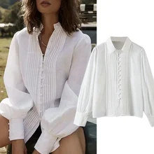 

Elmsk Shirt 2021 Autumn Blouse Women Ins Fashion Blogger Indie Folk Vintage Pleated White Blusas CasualWomen Blouse And Tops