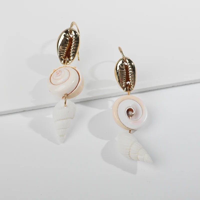 Boho золотая серьга ракушка Женская Асимметричная длинная Висячие серьги-капли серьги морская раковина летние пляжные украшения