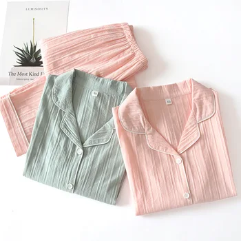 

Women Soft 100% Cotton Pajamas Autumn Long Sleeves Button-Down Warm Pure Cotton Sleepwear Set 2 pieces Ladies