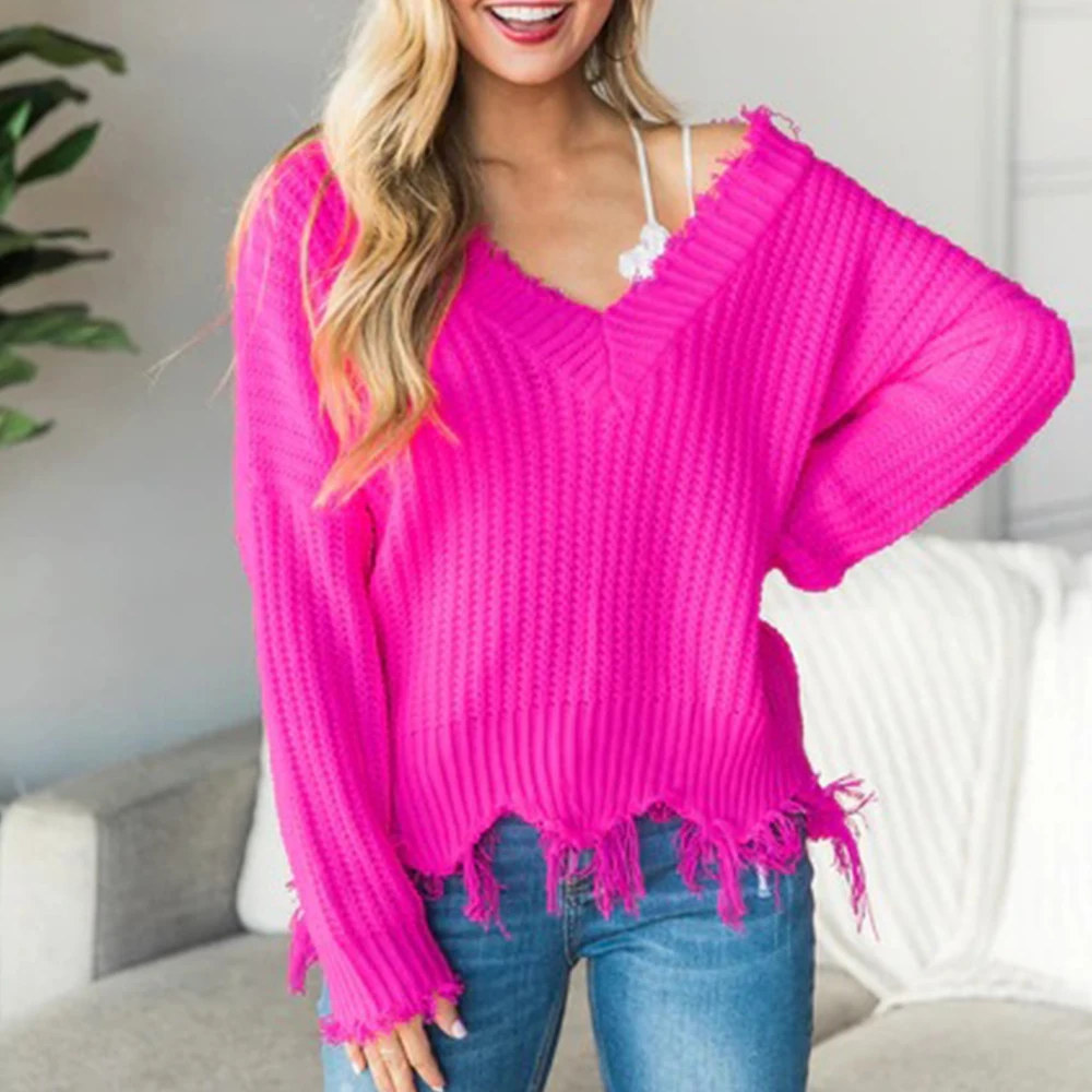 Золотые руки осень зима женский модный брендовый дизайнерский свитер уличный Повседневный v-образный вырез длинный рукав вязаный Однотонный свитер пуловер - Цвет: rose Red