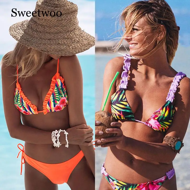 

2019 New Ruffle Bikinis Women Swimsuit Cross Bandage Swimwear Push Up Bikini Set Beach Bathing Suit Brazilian Biquni Print