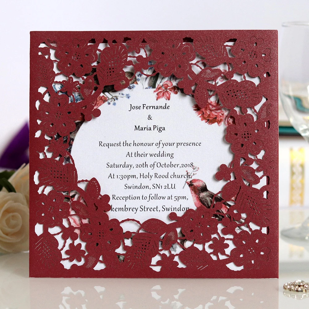  1Pcs Laser Cut Wedding Invitations Card With Square Hollow Flora For Engagement Invites Greeting ca - 4000511666325