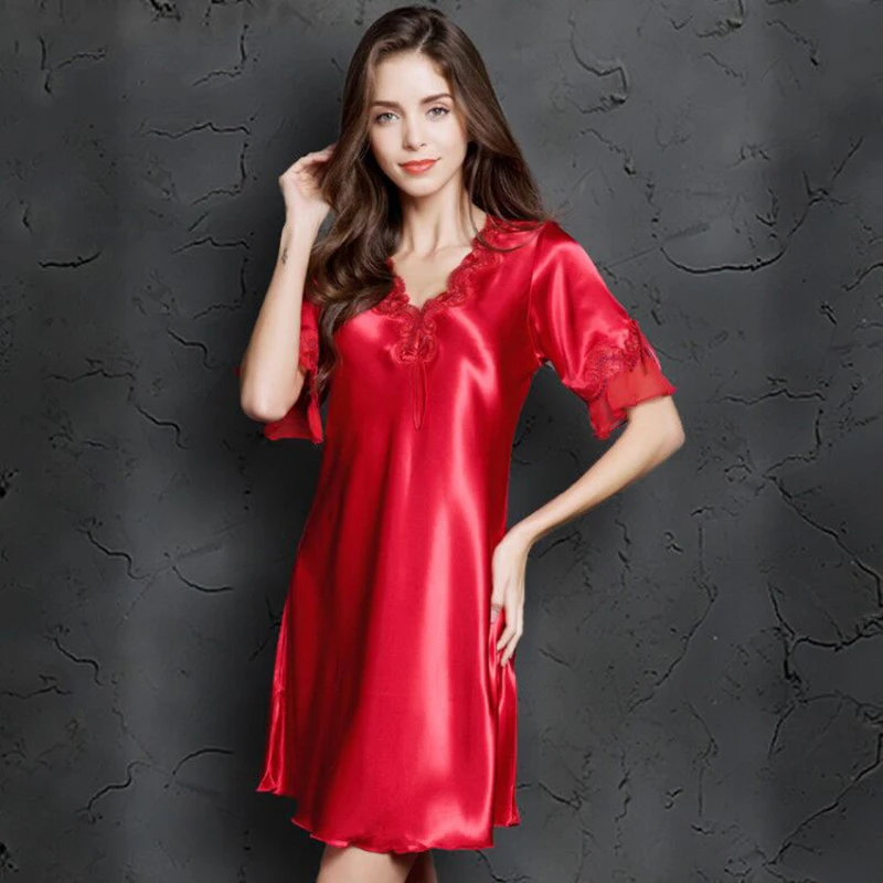 Одежда для сна с v-образным вырезом ночная рубашка версия Ice Silk с Коротким Рукавом Кружевная юбка Ночная сексуальная пижама женское шелковое белье платье для сна