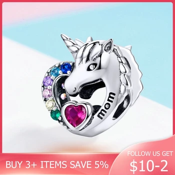 

CodeMonkey Unicorn Beads 925 Sterling Silver Mom Heart Multi Color Bead Fit Original Design Bracelet Monther Jewelry Gift 1160