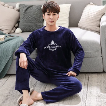 

Men's Pajamas Winter Mens Flannel Pajama Sets O-Neck Long Sleeve Pyjamas Men Sleepwear Male Thick Warm Coral Fleece Pajamas 155#