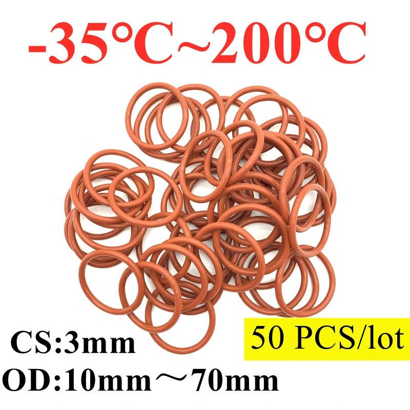 50pcs Red VMQ Silicone O Ring CS 3mm OD 10 ~ 70mm FoodGrade Waterproof Washer Rubber Insulated Round Shape Seal Gasket | Обустройство