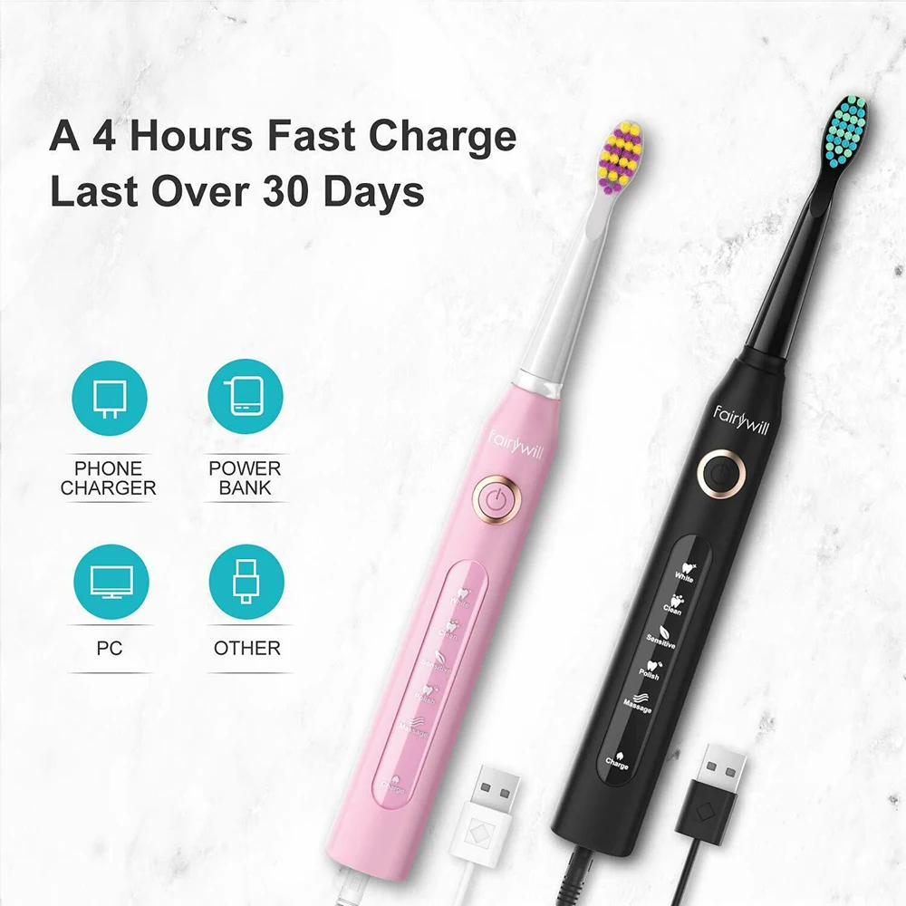 Fairywill Ultrasonic Automatic Tooth Brush Rechargeable Waterproof IPX7 Timer 5 Modes 3 Brush Heads Electric Toothbrush FW-507 Fairywill Ultrasonic Automatic Tooth Brush Rechargeable Waterproof IPX7 Timer 5 Modes 3 Brush Heads Electric Toothbrush FW-507