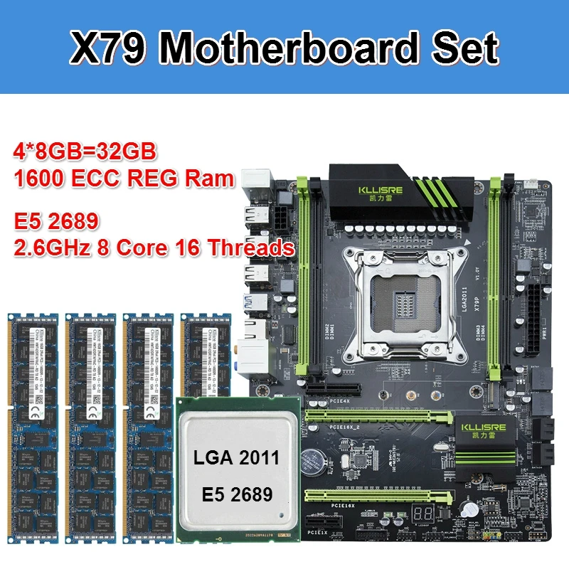 Комплект материнской платы Kllisre X79 с Xeon E5 2689 4x8GB = 32GB 1600MHz DDR3 ECC REG memory ATX USB3.0 SATA3 PCI-E NVME M.2 SSD