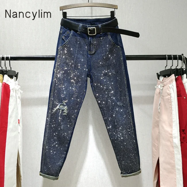 

Studded Jeans Woman Heavy Industry Burns Holes Jeans 2019 Autumn New Women's High-waisted Slim Pencil Pants Rhinestone Femme