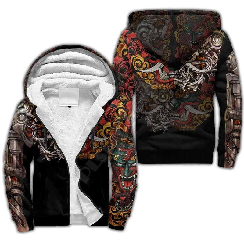 Mask Tattoo 3D printed Fleece zipper Hoodies Men Women Winter Warm plus velvet jacket Casual Coat 01