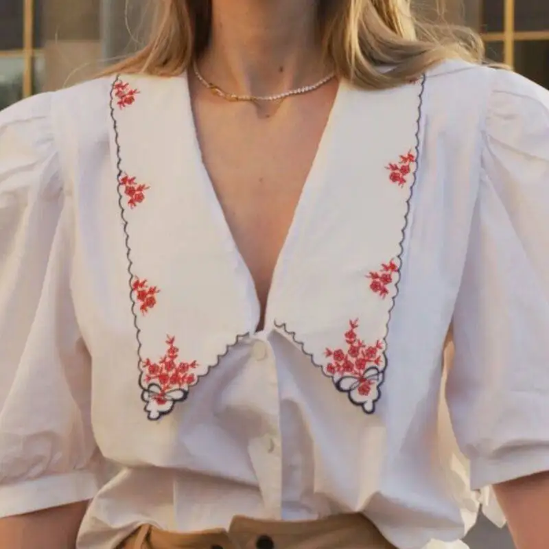 Women Vintage Blouse Shirt 2020 Cotton Floral Embroidery Patchwork Princess Shoulder Short Puff Sleeve Slim Elegant Summer Tops
