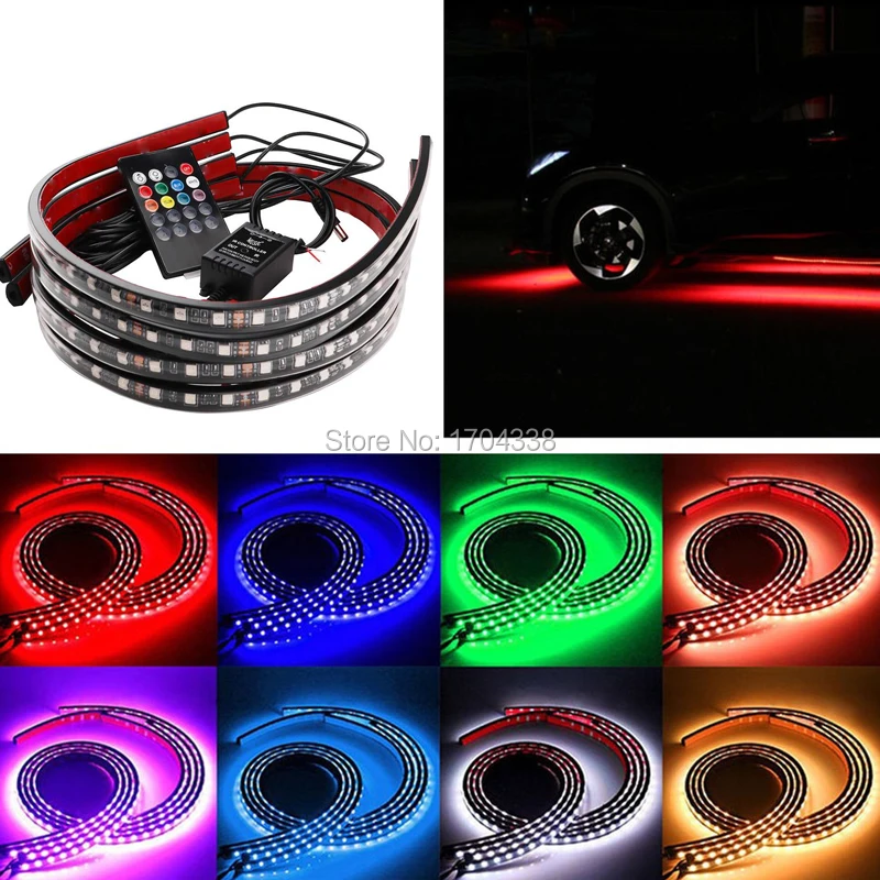 

4x DC12V IP68 RGB 5050 SMD Music Remote Control RGB LED Strip Under Car Tube Underglow Underbody System