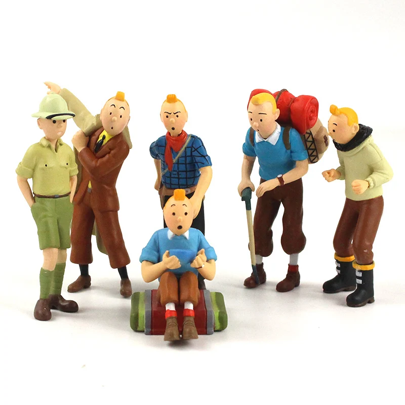 

6pcs 5cm- 8cm The Adventures of Tintin Figurine Tintin Snowy Blue Lotus Cartoon Figure Collectible Model Toys