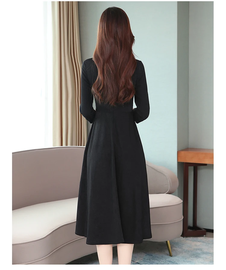 Винтажные черные однотонные миди платья с длинными рукавами Осень Зима 2XL плюс размер женское облегающее платье элегантные вечерние платья