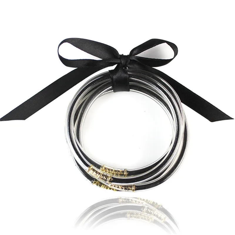 

BLACK Glitter Filled Bangles Set Women Stack Silicone Circle Bowknot Jelly Bangles Christmas Bracelet Jewelry 5 Pcs/Set