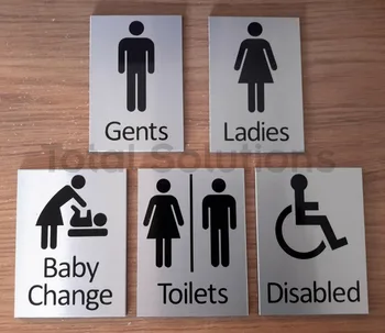 

Brushed Aluminium Effect Toilet Symbol Signs with text - Ladies / Gents etc