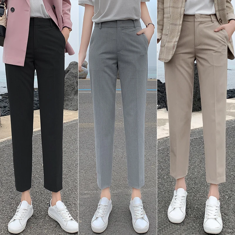 MinuoYi Осенние новые женские брюки тонкие с высокой талией узкие брюки модные повседневные однотонные женские широкие брюки размера плюс