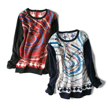 

100% Silk Blouse Women Plaid Printed Top Simple Design O Neck Long Sleeves Loose Top 2 Colors New Fashion