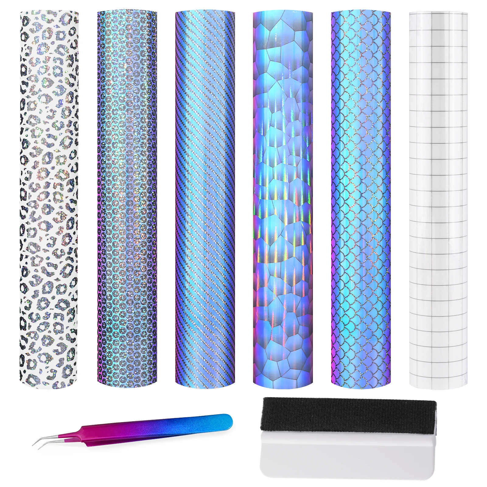 FOSHIO 6PCS Self-Adhesive Holographic Vinyl Film Sheet Opal Sticker Craft Decoration Tool Kit Exterior Part Wrap Car Accessories |