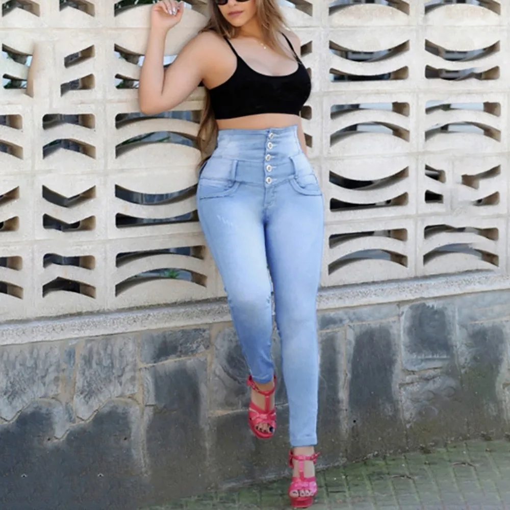 

SAGACE 2019 new listing hot women's autumn elastic high waist casual straight row buckle jeans solid color casual pencil pants