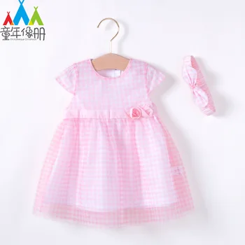 

2020 Summer Plaid Mesh Dress with Headband Cute Flowers Baby Girl A Line Pink Plaid Dress
