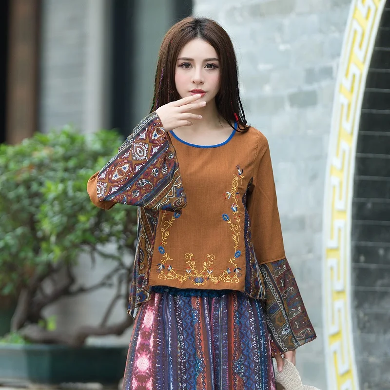 Retro Embroidered Chinese Style Clothing Women Shirts Cotton Linen Harajuku Vintage Tang Suit Ladies Chinese Tops KK3643