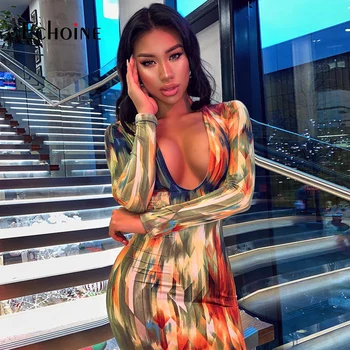 

Echoine 2020 New Spring Tie Dye Print Long Sleeve Sexy Bodycon Dress V-Neck Long Party Dress Streetwear Ladies Casual Dresses