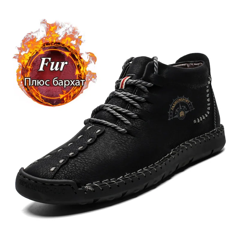 Fur Black Fhlyiy/брендовые ботинки; мужские уличные модные мужские ботинки; кожаные теплые плюшевые зимние/ботильоны; зимняя кожаная обувь; Zapatos De Hombre - Цвет: Fur Black