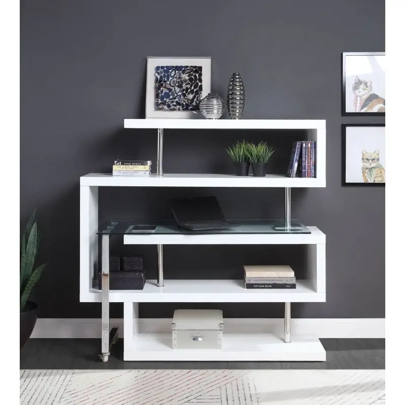 Description Picture 2 of itemRaceloma Writing Desk w/Shelf, Clear Glass, White & Chrome Finish