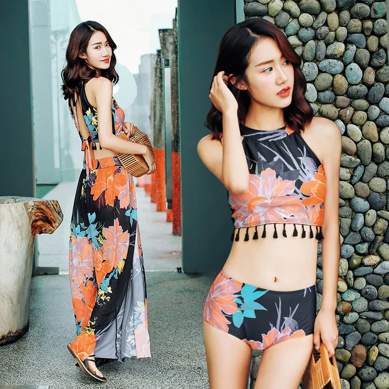 

2018 New Style Orange-red Printed Fashion Tassels Three-piece Set Bathing Suit with Long Skirts Slimming Swimwear