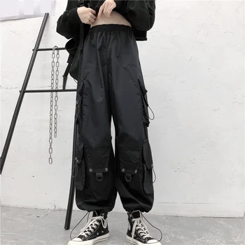 

Summer Korean Women Solid Cargo Plants Female Casual Empire Elastic Waist Trousers Mujer Chains High Waist Loose Pantalones