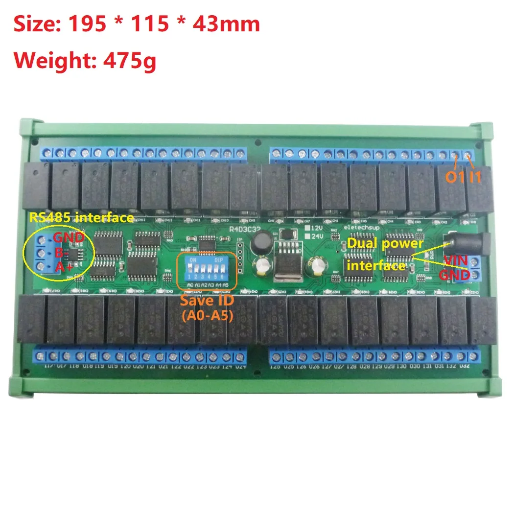 

32Ch Din35 C45 Rail Box Dc 12V 24V Rs485 Modbus Rtu Relay Board 485 Bus Remote Control Switch for Led Motor Plc Ptz Camera Smart
