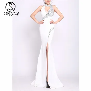 

Skyyue High Collar Mermaid Dress Sexy Cut-out Split Wrap Women Party Dresses Sleeveless Crystal Solid Robe De Soiree C232