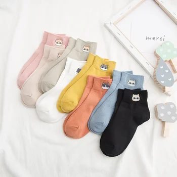 

Spring socks Japanese high college style retro embroidery cat cotton ladies short women socks student boat socks