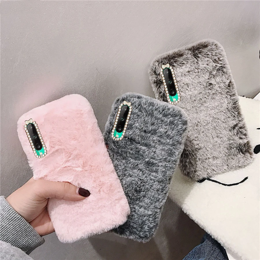 

HuaWei P40 Lite E Case Plush Rabbit Winter Keep Warm Shiny diamond TPU shockproof Back Cover For HuaWei Y7P Honor 9C Phone Case