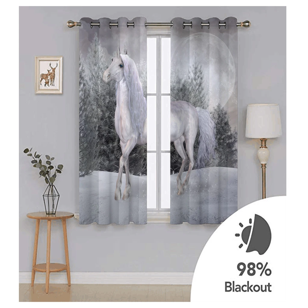 2 Panel 3D White Horse Print Door Curtains Blackout Window Panels Drapes 