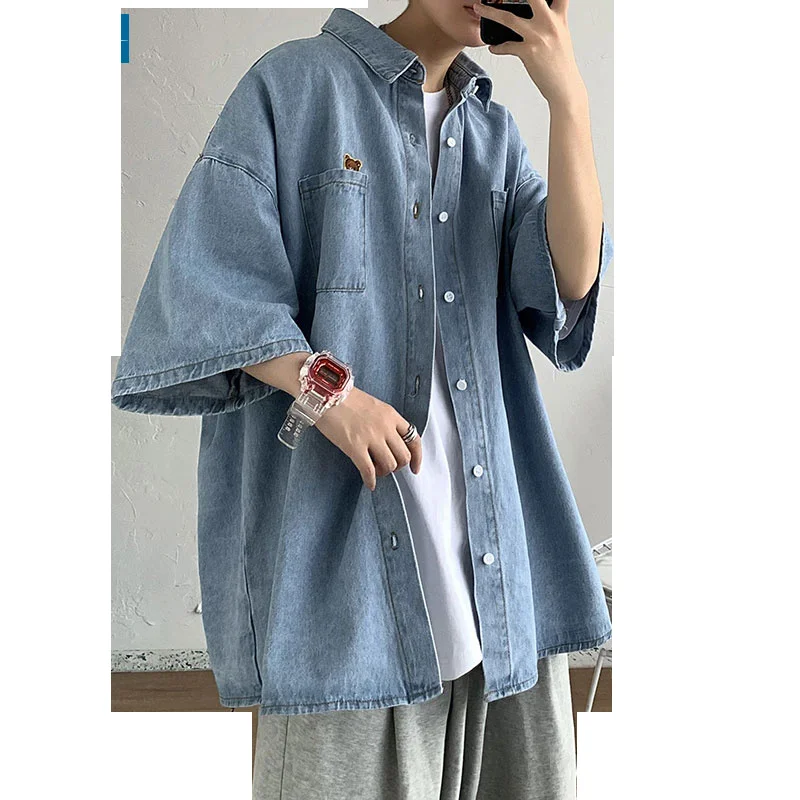 Bear Embroidered Denim Short Sleeve Shirt Men summer denim shirt